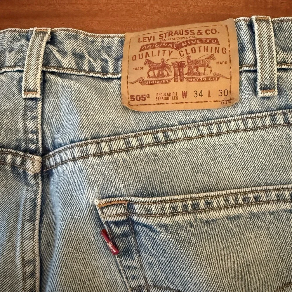 1998 Vintage LEVIS 505 Jeans 34 X 30 Straight Y2K Faded‎ Blue Denim Batman Logo